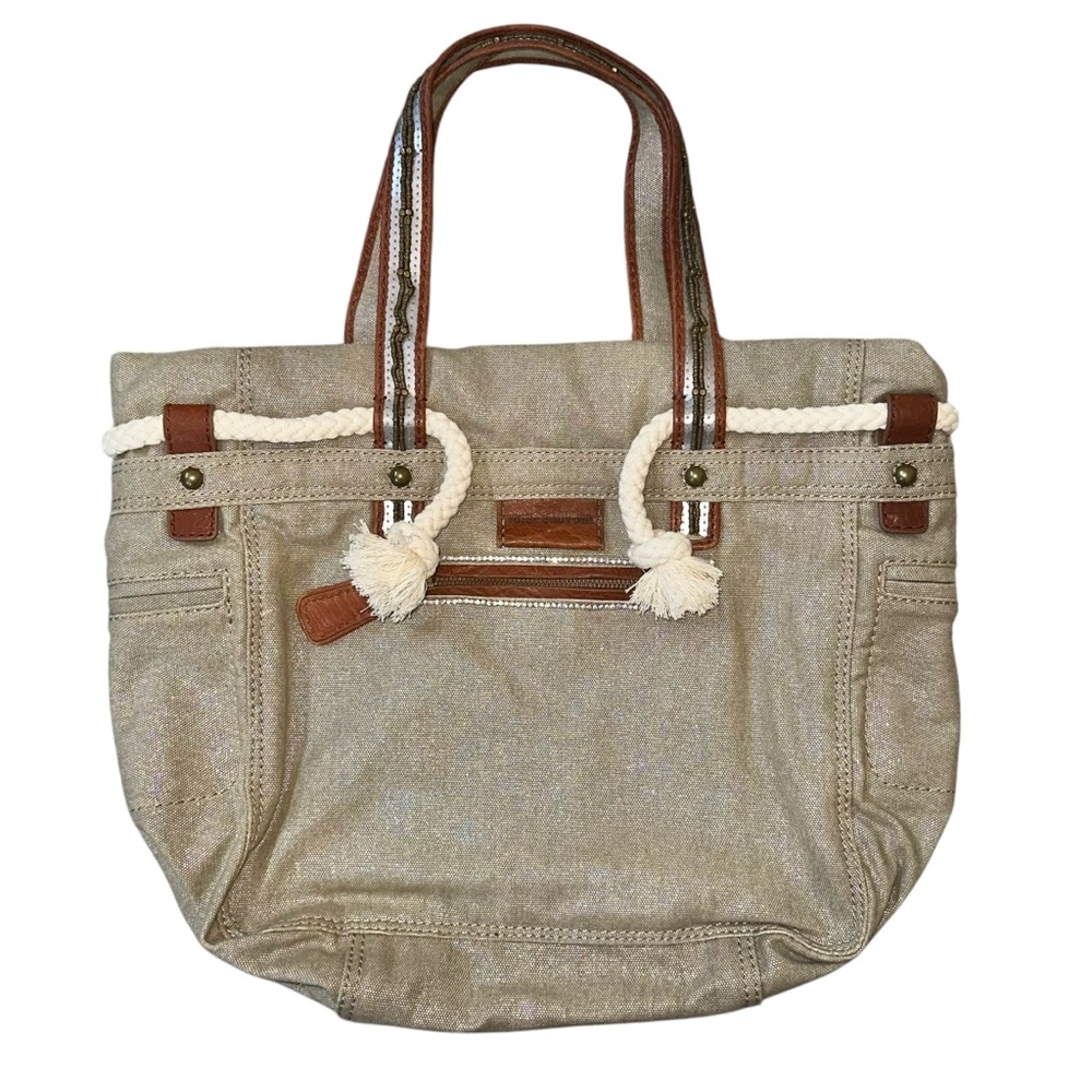 NWT Y2K Juicy Couture Cotton Beige Boho Cotton Rope Trim Beaded Open Tote Bag